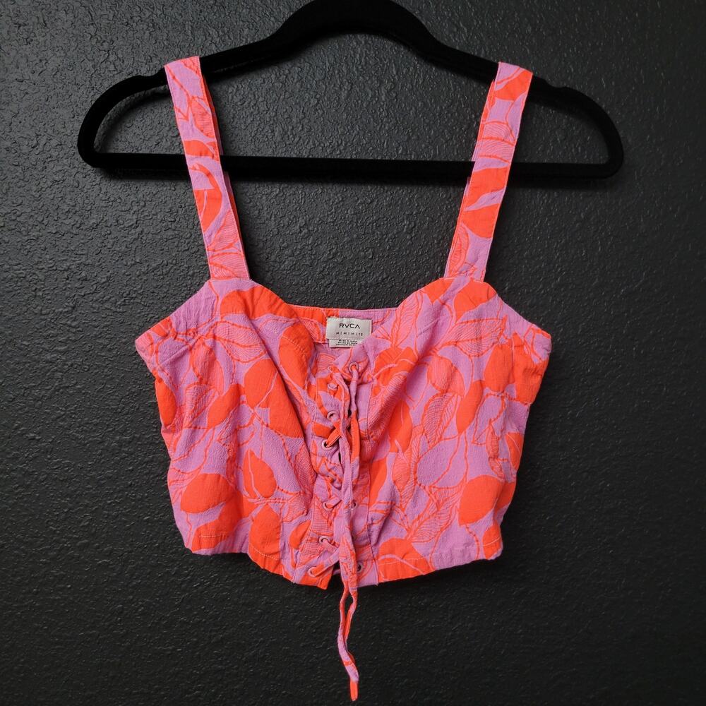 RVCA Mimi Floral Lace Up Corset Crop Top Pink Orange Medium Resort Vacation